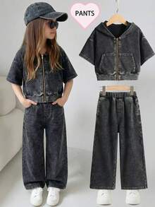 2026春秋新款女童黑色灰色水洗连帽短袖拉链牛仔套装，宽松阔腿长裤两件套，时尚个性，百搭酷炫街头风，秋季薄款牛仔休闲装 - 黑色 - 查看 3