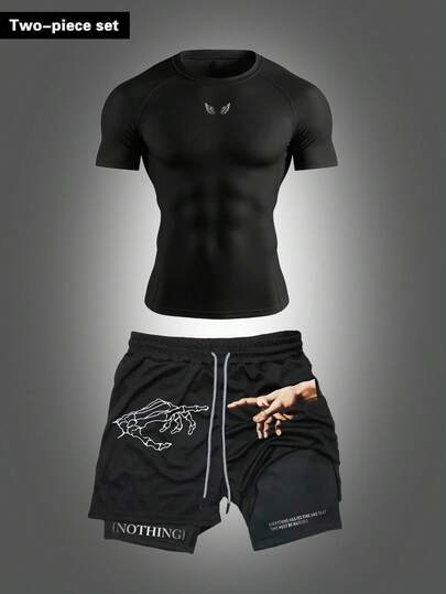 RISE LYT 男士运动短袖T恤和印花抽绳短裤套装