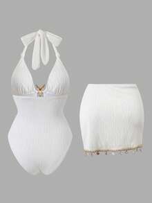 Swim Oasis Women White Summer Elegant Holiday Pool Party One-Piece Swimsuit & Skirt Set,Halter V-Neck Shell Starfish Tassel Buckle Textured Bathing Suit Outfit - White - View 2