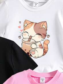 3件套少女休闲可爱卡通儿童T恤，时尚可爱印花圆领短袖T恤，图案包括水豚喝珍珠奶茶、卡通猫、“能翻跟头何必走路”等，舒适夏季款式，适合春、夏、秋季穿着，白色、粉色、黑色可选，日常百搭。 - 粉色 - 查看 4