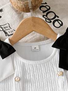 Genkimix Kids Young Girl' Elegant Textured Blue Dress With Pearl Buttons And Bow Accent - Black and White - View 3