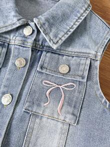 Tween Girl Cute Bow Embroidered Denim Sleeveless Vest And Shorts Set,Light Blue,Summer,Casual,Vacation,Soft Cotton Fabric,Asymmetric Hem,Ripped Cuffed - Medium Wash - View 6