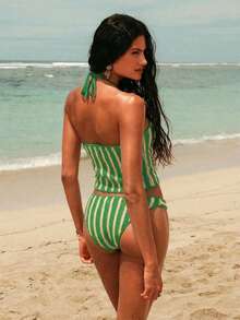 Swim Vcay Women's Striped Halter Tankini Top And Triangle Bottoms Swimwear Set, Suitable For Summer Vacation - Green - View 9
