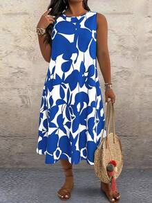 Breezaya Plus Size Sleeveless Allover Print Casual Vacation Dress - Blue - View 3