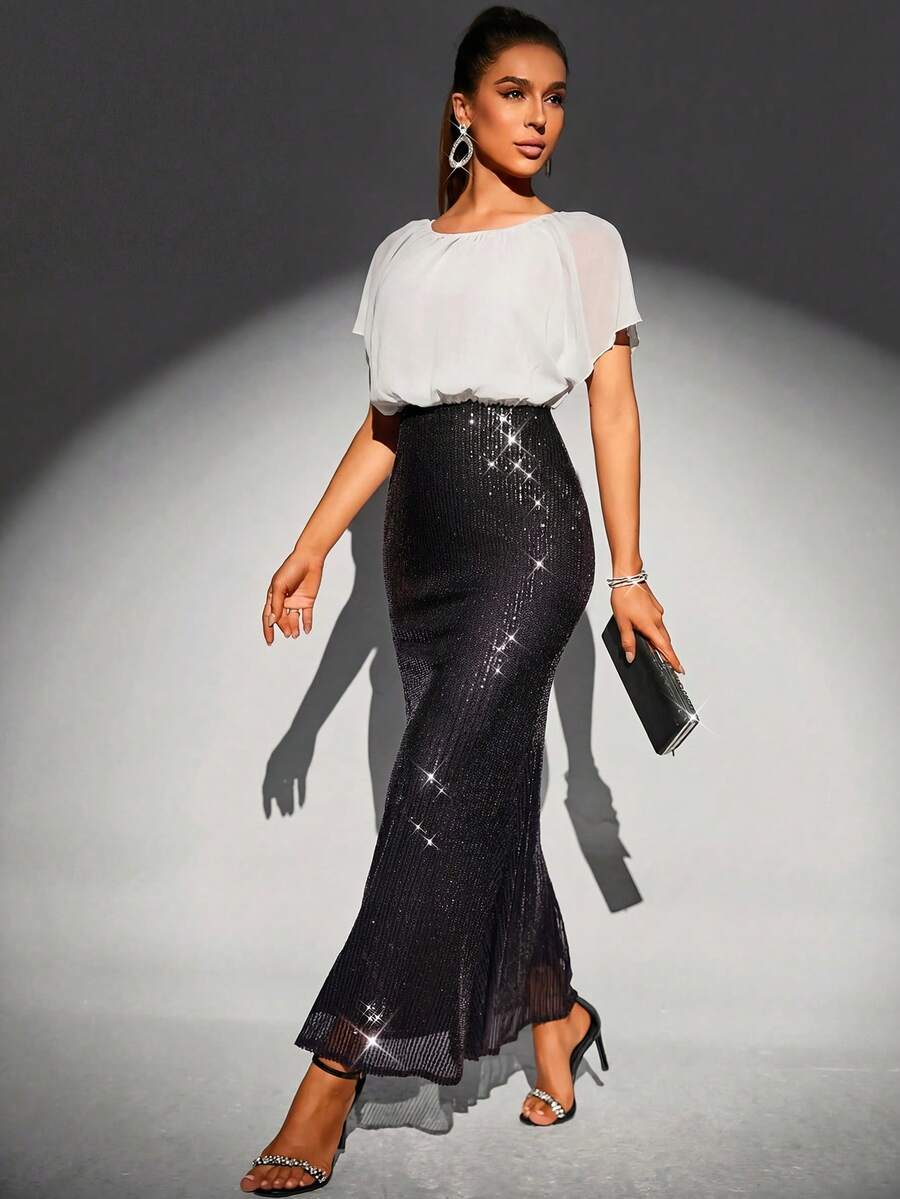 SHEIN Belle 纯色蝙蝠袖亮片鱼尾连衣裙，优雅正式晚宴舞会婚礼宾客礼服，适合毕业典礼、晚宴、节日派对等场合。 - 黑與白 - 查看 1