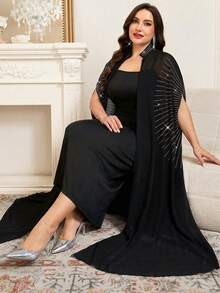 SHEIN Clasi Vestito canotta tinta unita e cardigan aperto davanti casual, completo da 2 pezzi, taglie comode per donna - nero - Visualizzare 10
