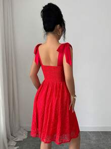Elenzga Vestido curto sem mangas em renda com bordado em tule, decote nas costas com amarração, elegante estilo francês para férias, feminino. - Vermelho - Ver 2