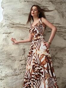 MOTF PREMIUM WOMEN'S LINEN ALL OVER PRINTED WAIST CINCHED FLARED DRESS, SPRING/SUMMER - Brown - View 4