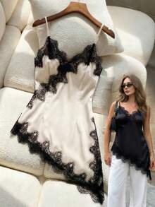 Selianne Conjunto de dos piezas de mujer con camiseta sin mangas de tela brillante con parches de encaje negro sólido y bajo asimétrico, primavera/verano - Multicolor - Ver 1