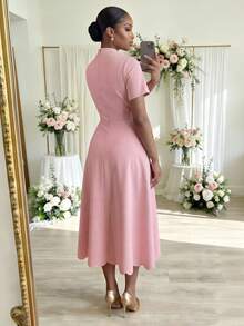 SHEIN Lady CURVE 大码女士优雅纯色镂空设计翻领连衣裙，夏季 - 粉色 - 查看 3