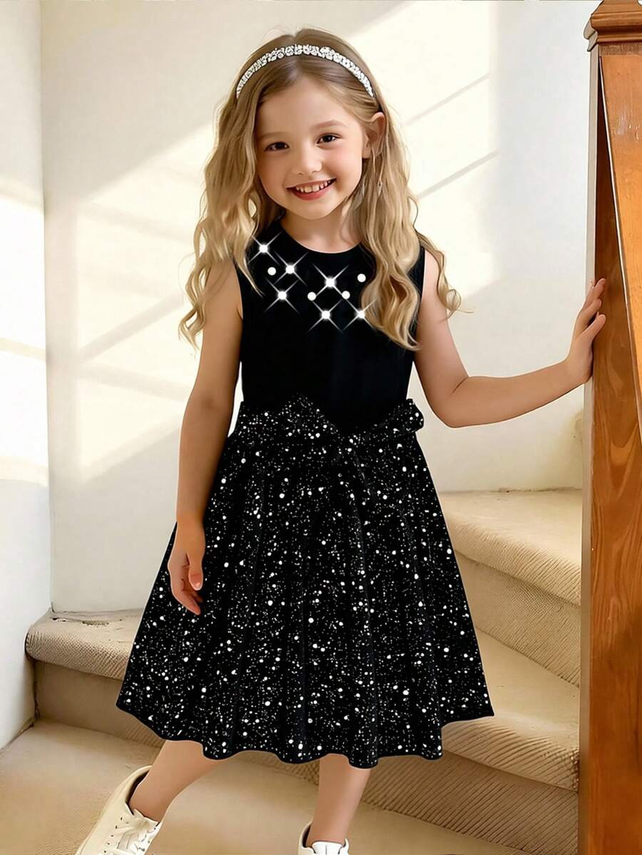 SHEIN Vestido de punto elegante para niñas con acabado de lámina metálica, de moda y elegante, adecuado para uso diario, cumpleaños, escuela y diversas reuniones, primavera/verano - Negro - Ver 1