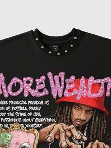 ROMWE MEN Street Life Men's Rivet Decor Printed Loose Fit Tank Top - Black - View 2