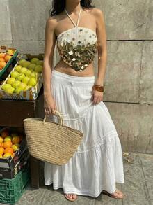 Sunnyshic 性感百搭度假风串珠挂脖针织上衣 - 卡其色 - 查看 3