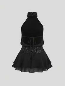 Sweetra 女士褶皱露背短款派对连衣裙 - 黑色 - 查看 2