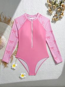 SHEIN Teen GirlGirls One-Piece Fashionable Swimsuit With Black Bow, Beach Party Swimming Costume Bathing Suits For Teens Modest Modest Swim Suits Swimming Suits For Teens Zipper Swimsuit Long Sleeve Swimsuit Womens Swimwear Swimming Suit For Girls Adult Pink Swimsuit One Piece Bathing Suit One Piece Swimsuit For Teens Long Sleeve Swimsuit For Girls Womens Swimwear Long Sleeve Womens Summer Outfits - Pink - View 1