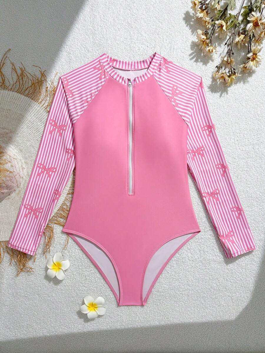SHEIN Teen GirlGirls One-Piece Fashionable Swimsuit With Black Bow, Beach Party Swimming Costume Bathing Suits For Teens Modest Modest Swim Suits Swimming Suits For Teens Zipper Swimsuit Long Sleeve Swimsuit Womens Swimwear Swimming Suit For Girls Adult Pink Swimsuit One Piece Bathing Suit One Piece Swimsuit For Teens Long Sleeve Swimsuit For Girls Womens Swimwear Long Sleeve Womens Summer Outfits - Pink - View 1