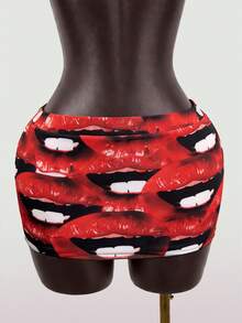 SaltGleam SaltGleam Women's Sexy Red Lips Printed Mini Bodycon Knitted Skirt - Red - View 1