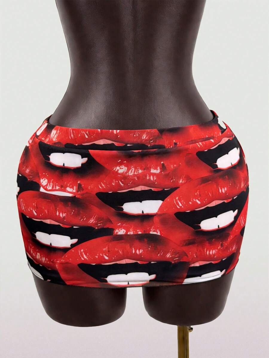 SaltGleam SaltGleam Women's Sexy Red Lips Printed Mini Bodycon Knitted Skirt - Red - View 1