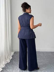 Elenzga Plus Size Women's Elegant Asymmetrical Lapel Open Front Blazer With Belt & Wide Leg Pants 2 Pieces Set, Spring/Summer - Blue and White - View 2