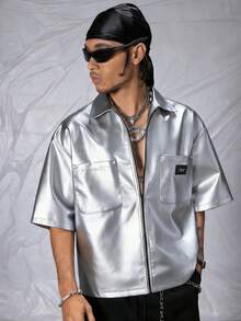 AXEPEAK 男士PU皮革字母刺绣宽松梭织短袖衬衫 - 銀色 - 查看 2