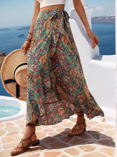 Wandoria Printed Random Knot & Side Wrapped Skirt Maxi Vacation Beach Outfits Women Fall Cloth For Women