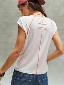 Bohemela 女士休闲 Y2K 波西米亚西部音乐节贴花刺绣图案插肩袖 T 恤，夏季度假 - 白色 - 查看 6