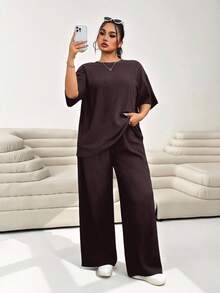 Enliva 大码休闲通勤纯色上衣和裤子两件套，宽松舒适，适合苹果型和圆润身材 - 棕色 - 查看 4