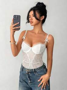 Aloruh Lace & Mesh Splice Sexy Bodysuit - White - View 7