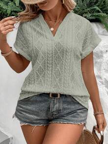 EMERY ROSE Damen Große Größen V-Ausschnitt Jacquard Lässig Vielseitig Alltags Kurzarm T-Shirt - Grün - View 4