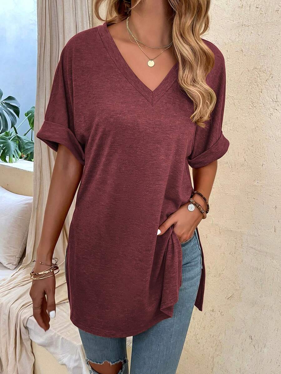 Calvaya Lässiges einfarbiges T-Shirt mit Fledermausärmeln und Seitenschlitz, Sommer - Bordeaux - Übersicht 1
