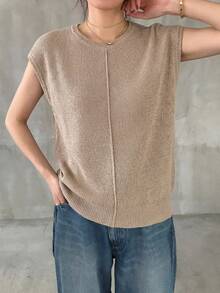 Dazy-Less Camiseta feminina de malha canelada com patchwork de cor sólida, manga curta, gola redonda, manga raglan - Camelo - Ver 9