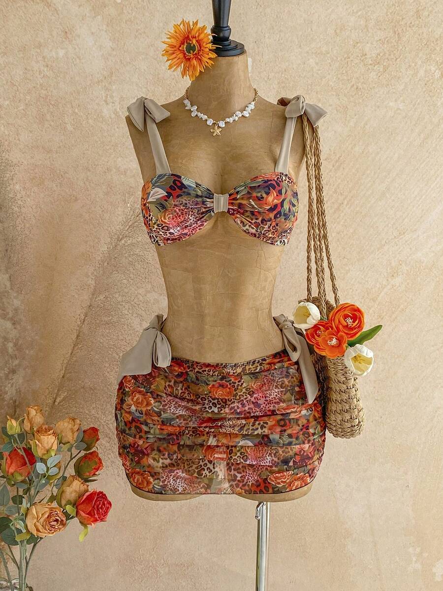 Women's Leopard & Floral Print Bikini Cover Up & Skirt Swimwear Set, Vacation & Beach Summer Bathing Suit - Multicolor - View 1