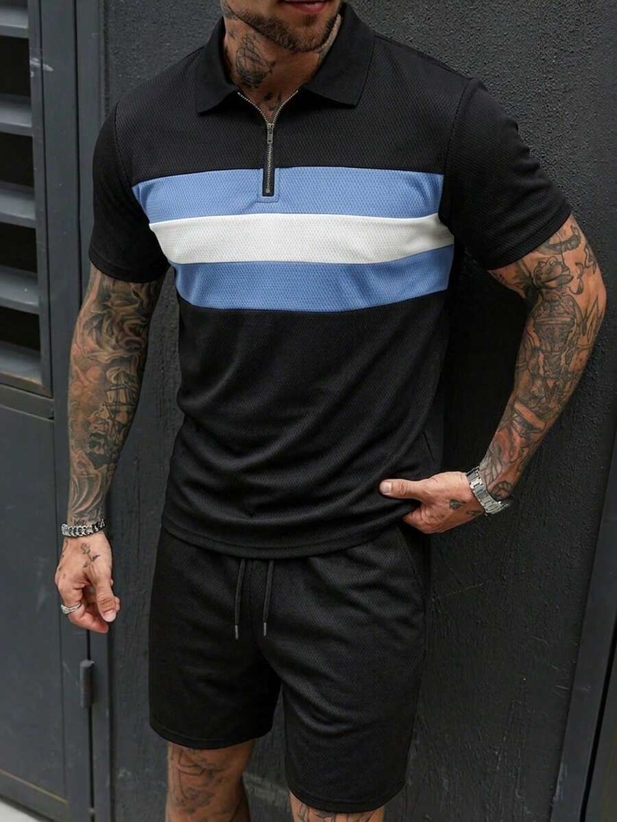 Manfinity CasualCool 男士休闲拼接Polo衫套装,针织钩编面料,黑色Polo衫套装,撞色拼接Polo衫套装,休闲两件套。也是送给丈夫、男友或朋友的理想礼物。 - 黑色 - 查看 1