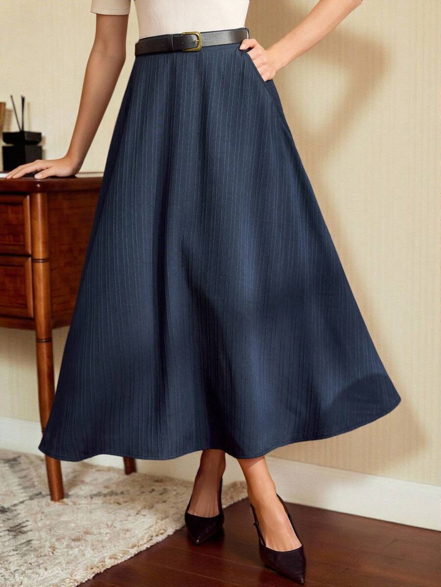 Vintamour 复古经典优雅女士百褶裙，春夏宽松提花裙，配腰带和口袋，藏蓝色A字裙 - 藏蓝色 - 查看 1