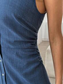 Easowa 女士单排扣长连衣裙，休闲服装 - 藏蓝色 - 查看 6