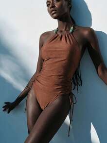 Aveloria Modichic 纯棕色串珠露背两件式泳衣套装，侧边褶皱抽绳设计 - 鏽棕色 - 查看 6