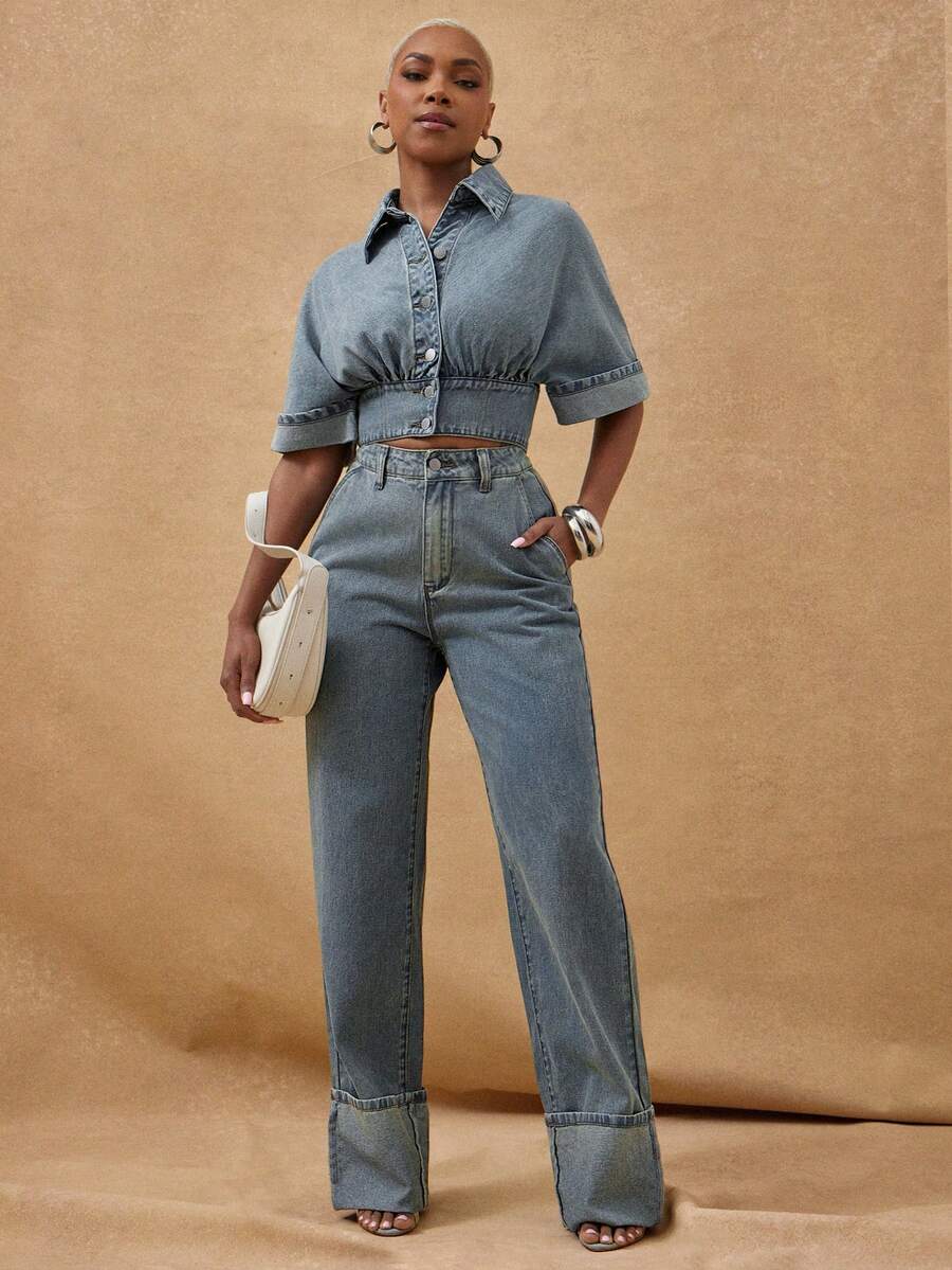 Vixey 休闲高腰卷边直筒牛仔裤 - 中等水洗藍 - 查看 1