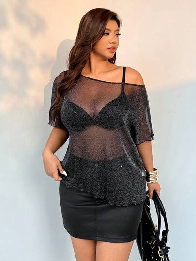 Auralis 新款夏季宽松不对称领口加大码黑色音乐节金属光泽网纱短袖T恤/优雅加大码上衣/派对生日活动