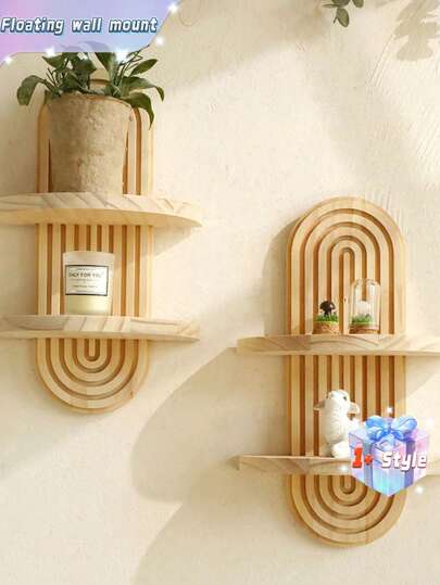 SHEIN 1 件全新实木浮动壁架，创意植物架和钥匙收纳架，客厅、阳台和入口墙壁装饰装饰展示架