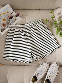 少女松紧腰条纹休闲短裤 - 黑色 - 查看 3