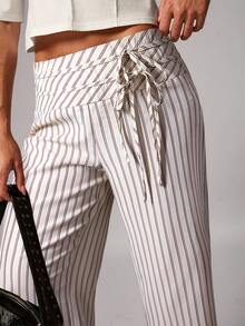 Avenya 杏色条纹高腰双腰系带阔腿裤 - 彩色 - 查看 2