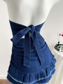 SHEIN Đầm denim ngắn ôm sát, không dây vai, xếp tầng, thắt nơ. - Màu xanh lam - Xem 5