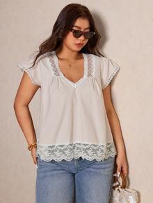 Elaquor Plus Size Multicolor Woven Fabric Flounce Short Sleeve V Neck Blouse With Ruffle Hem And Lace Details - Multicolor - View 3