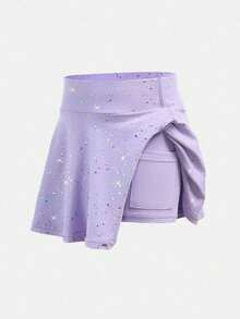 SHEIN 两件套女童运动服短裤和短裙，瑜伽休闲款，弹力星空印花图案，舒适迷你裙，返校季 - 彩色 - 查看 3
