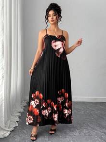 Elenzga Plus Size Woven Floral Digital Criss-Cross Strap Bow Tie Pleated Backless Elegant, Sexy, Vacation, Casual, Daily, Date Camisole Dress Summer Spring Wedding Guest Dress For Women Elegant Dresses For Party - Black - View 5