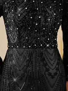 Coutiva Elegant Gorgeous Sequin Embroidery Long Sleeve Dress,Pearl Rhinestone Design Luxury Evening Gown,Formal Party Dinner Wedding Guest Dress For Women - Black - View 6