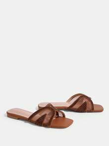 CUCCOO TILAWA Shiny Rhinestone Women's Flat Sandals With A Luxurious Style, Outdoor Vacation Style, Crown Rhinestone Women's Casual Commuting Flat Sandals Valentine's Day Summer Shoes - Brown - View 4