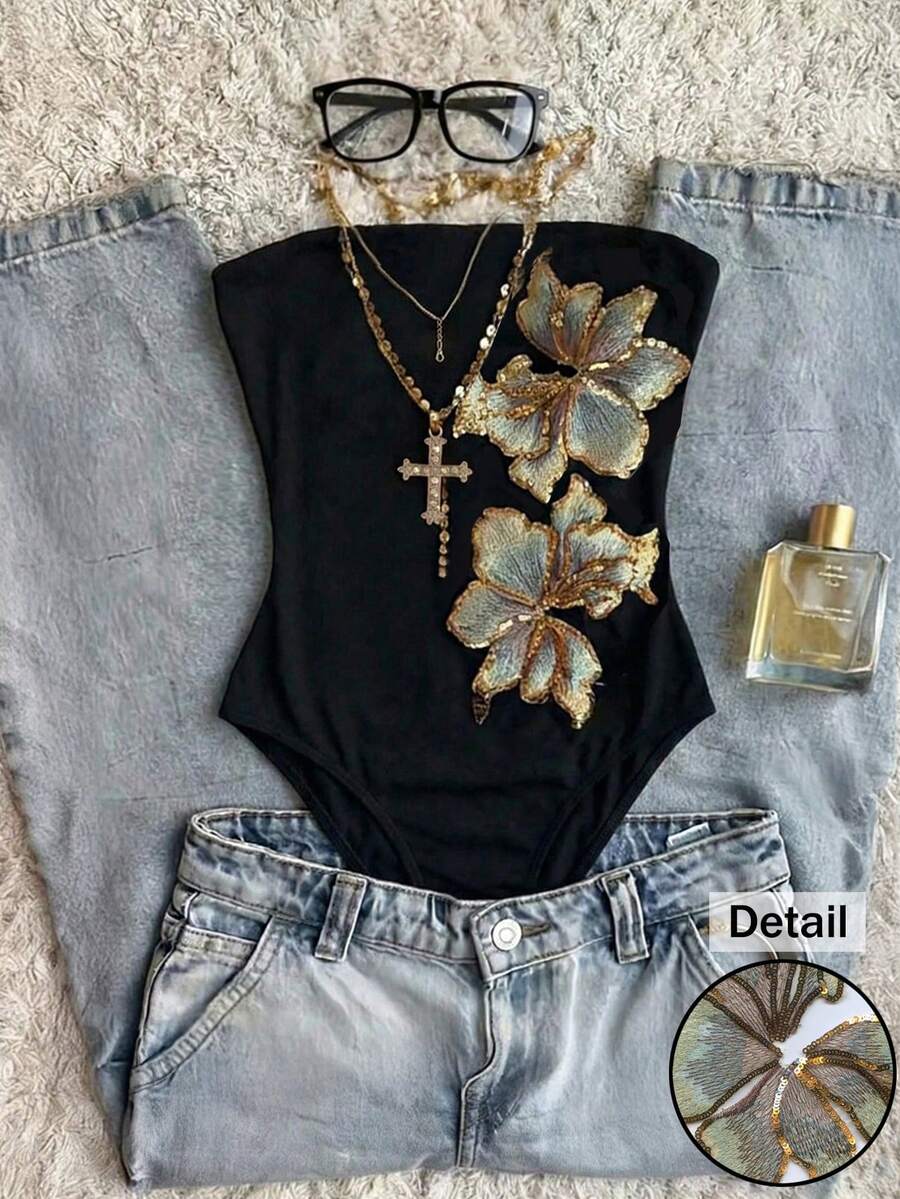 Glimmora 女士印花抹胸连体衣 - 黑色 - 查看 1