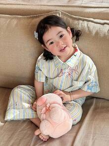 DAZY Young Girl Striped Short Sleeve Button-Up Pocket Top And Pants Loungewear Set - Multicolor - View 1