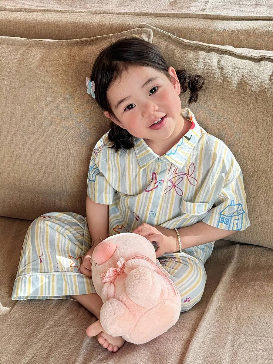 DAZY Young Girl Striped Short Sleeve Button-Up Pocket Top And Pants Loungewear Set - Multicolor - View 1